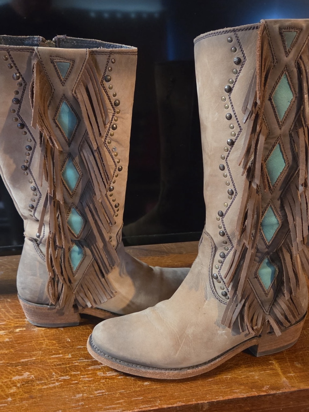 Liberty Black Gretta boho festival beige and turquoise diamonds fringed - Picture 9 of 10